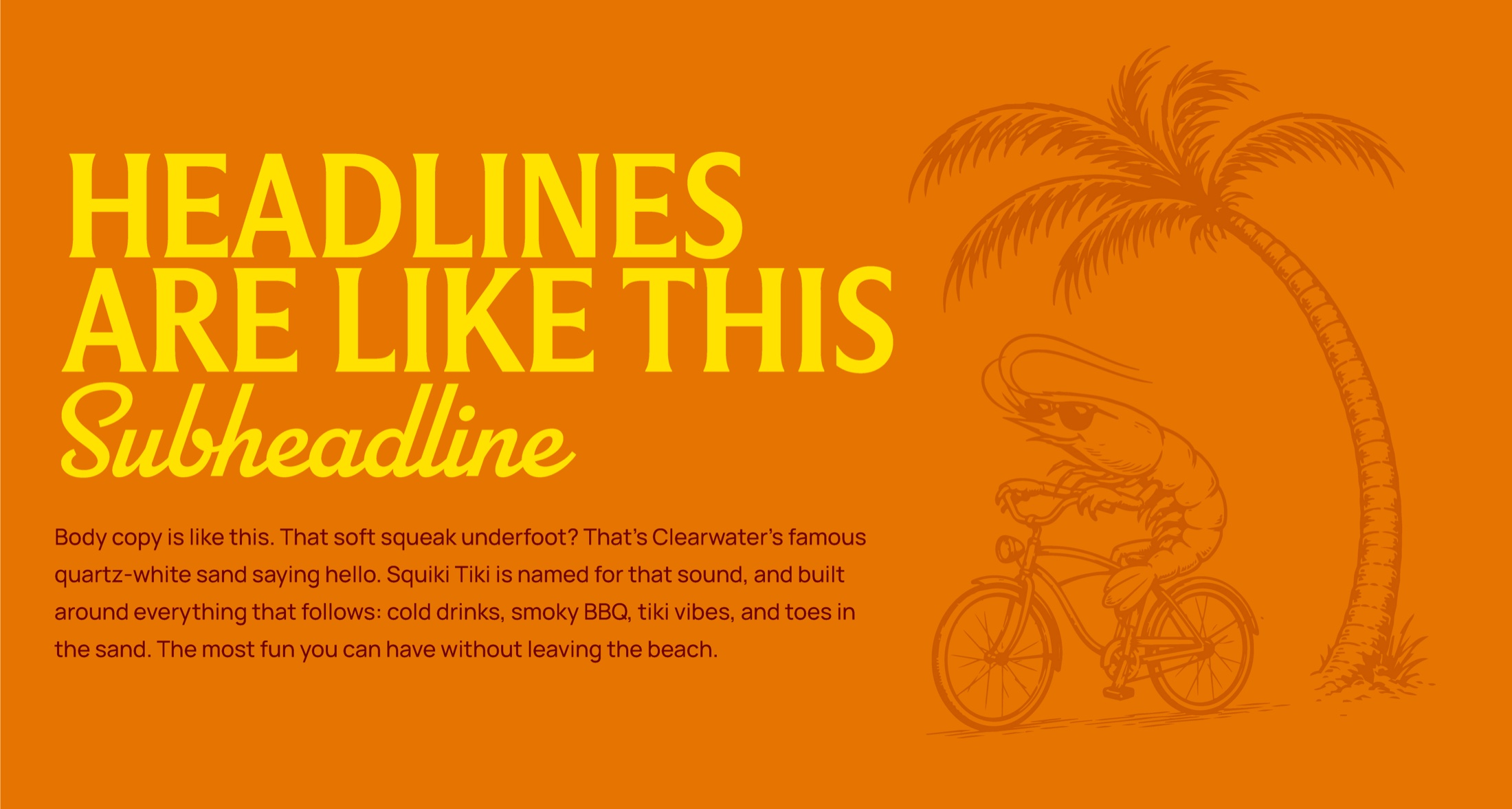 Squiki Tiki typography specimen showing headline, subheadline, body copy, and character illustration